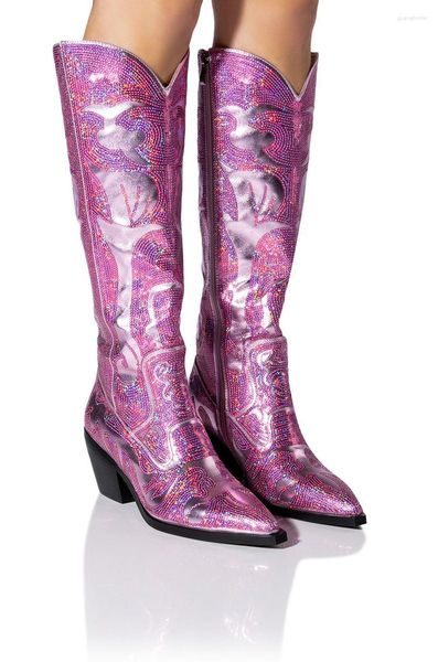 Bottes pour femmes bout pointu talon empilé mi-mollet chaussures brodées 44 métallisé Cowboy rose Western Cowgirls