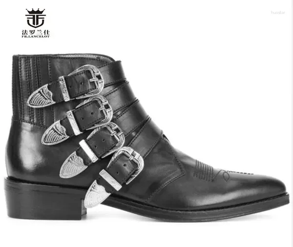 Botas FR.LANCELOT Cuero de gama alta Moda Real Bota Hebilla Decoración Hombres Corto Med Tacón Suela de goma Fiesta Hombres