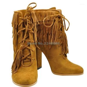 Botas Fringe Gamuza Tobillo Cruz Atado Lace Up Chunky Hoof Tacón Marrón Borla Nubuck Moda Casual Zapatos de mujer1