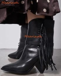 Boots Fringe Western Femmes bottes en cuir original rivets en métal à cow-boy cowboy botas piste à pointes talons talons