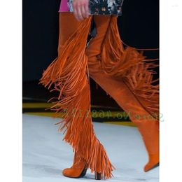 Bottes franges extensible cuisse haute femme bloque talons tendances en daim orange glisser sur les chaussures de mode à orteil rond d'automne