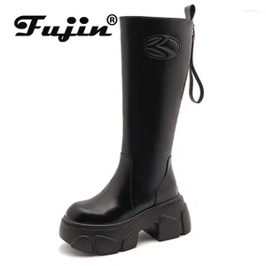 Laarzen Fujin 10 cm microvezel synthetisch platform Wedge Ankle Knie High Booties Dames herfst Spring Zipper Fashion Top Shoes