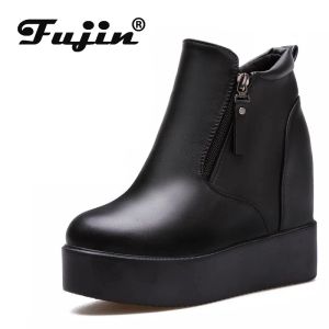 Laarzen fujin 11cm platform wig verborgen hiel dames enkel laarzen kudden leer warme vrouwelijke wigschoenen ritsjipper winterschoenen sneakers 2024