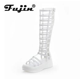 Laarzen Fujin 2022 Romeinse sandalen vrouwen schoenen platform midden kalf zomer laarzen dames platform hakken 6 cm dikke hak sandalen zip