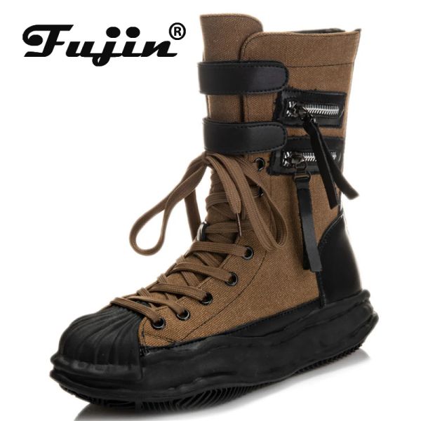 Boots Fujin 4,5 cm Mid Calf Boots High Boots Femme Spring Automne Femmes Bottes Spring Automne Hook Loop Lace Up Platform Boots Boots Motorcycle Punk