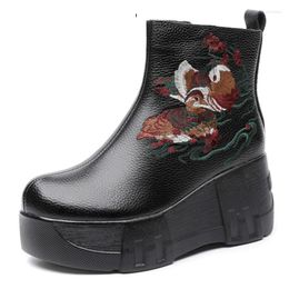 Botas Fujin 7 cm Flor Zip Mujeres Invierno Tobillo Botines Zapatos Étnico Peluche Plataforma de cuero genuino Cuña Chunky Zapatilla de deporte Bordar