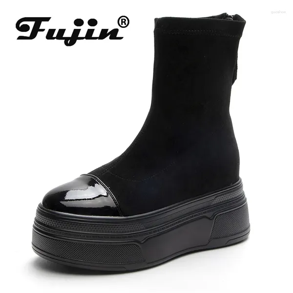 Boots Fujin 8,5 cm Tissu d'étirement Femmes à la cheville Spring Fashion Sécade épaisse plate-forme de coin Mid Choot Motorcycle de moto chaussures d'automne