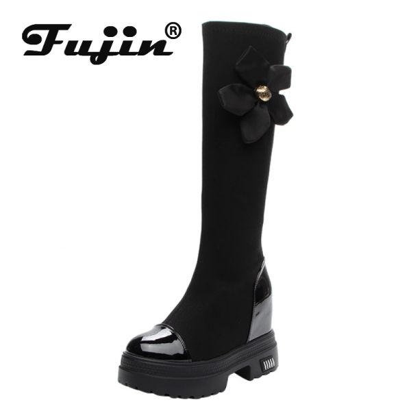 Boots Fujin 9,5 cm Spandex Tissu stretch tissu de la plate-forme d'été Corloge du genou