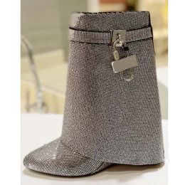 Laarzen Volledige Rhinestone Hangslot Design Midcalf Trouser Boots Dames Winter Nieuwe ronde Toe Heel Heel Silver Motorcycle Boots Maat 3443