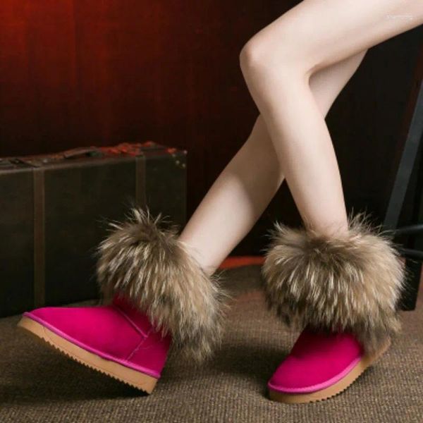 Bottes Gzaco Luxury Femmes Large Natural Fur Snow Snowproofroproof Geatine Cuir Flat cheville Hiver REAL RACCON
