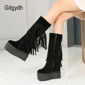 Boots Gdgydh Flock Winter Femmes Boots High Heels Fashion Fringe Tassels Boots Boots Femme épaisse Sole Augmentation dans les bottes du tube central