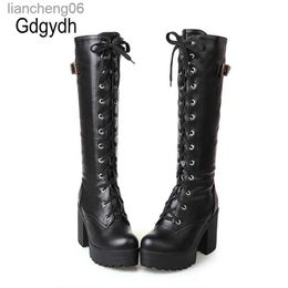 Bottes Gdgydh offre spéciale printemps automne laçage genou bottes hautes femmes mode blanc talon carré femme chaussures en cuir hiver PU grande taille 43L231025