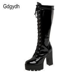 Bottes gdgydh en cuir breveté Bottes de genou blanc High Boots Lace Up Ladies Platform Boots High Talons Fashion Nightclub Patry Shoes Wholesale