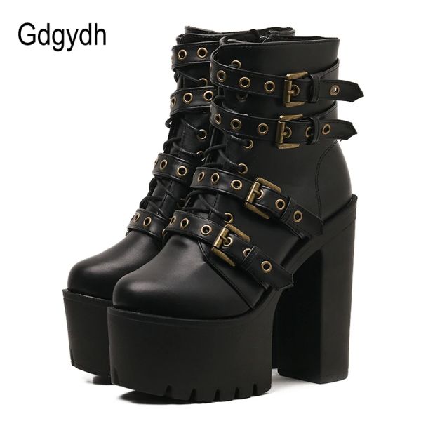 Bottes Gdgydh Rivet sexy Boots de cheville noire Femme Platforme en cuir souple Automne Bottes de dames d'hiver avec fermeture éclair Ultra High Heels