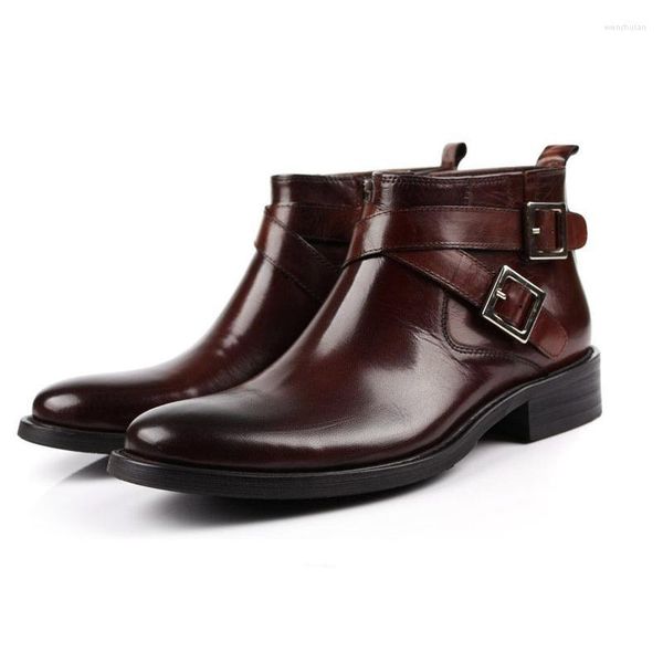 Bottes en cuir de vachette véritable cheville hommes affaires robe travail hommes à la mode boucle bout rond fermeture éclair taille courte 38-44