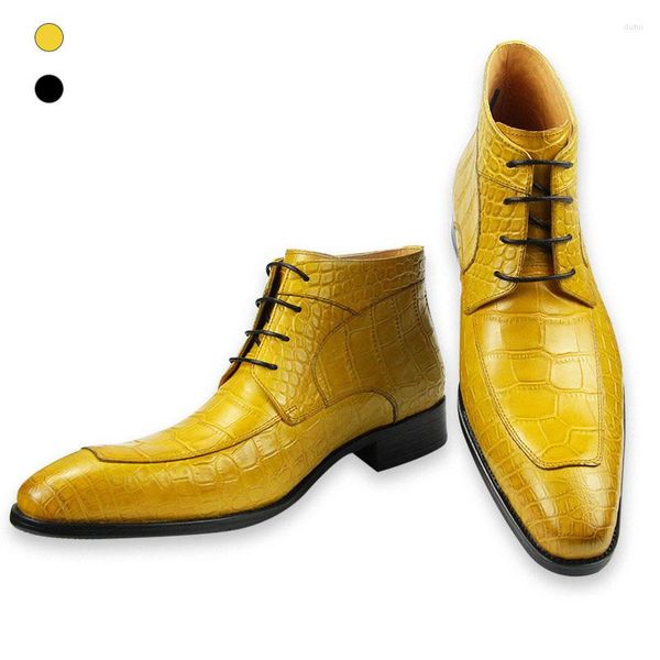Bottes en cuir de vachette véritable avec impression de peau de crocodile chaussures à lacets Style baskets solides hommes noir jaune surdimensionné grande taille48