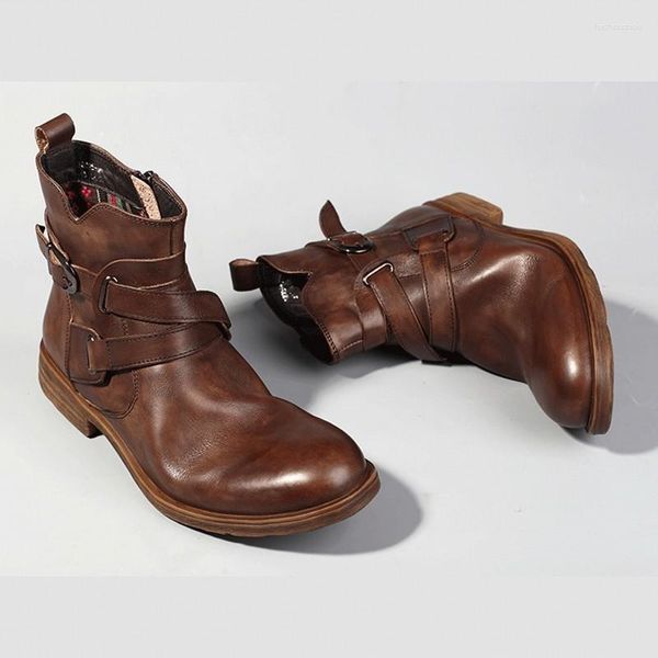 Bottes en cuir véritable rétro hommes marque décontracté haut Double boucle chaussures de travail de luxe à la main bout rond robe zippée noir