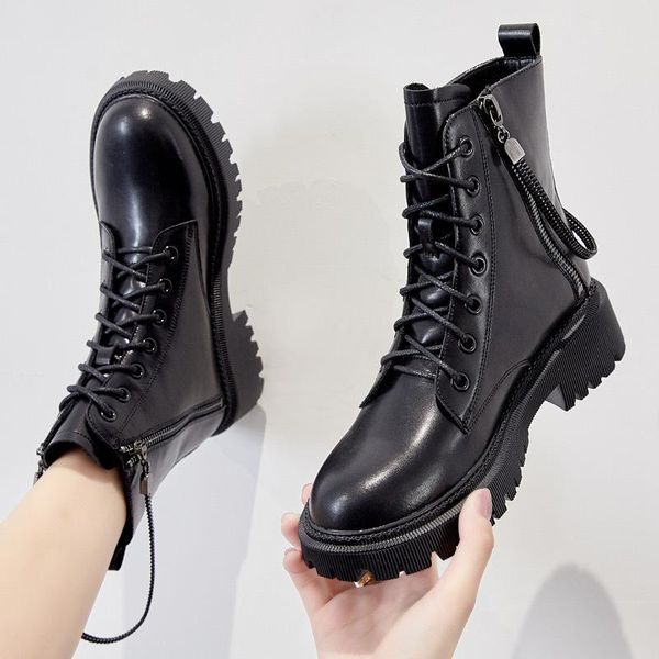 Botas Zapatos de cuero genuinos para mujeres Nice Plataformas de diseño Tacones de diseño Negro Tobillo Hembra Zip Chunky Heel