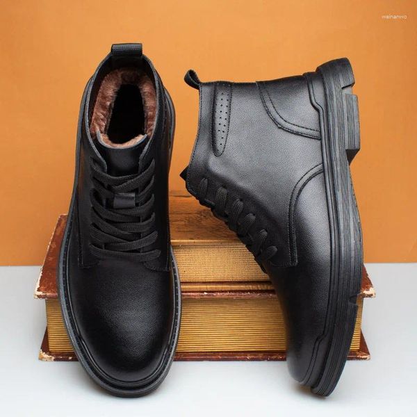 Botas zapatos de cuero genuino hombres otoño invierno grueso grueso espeso calentamiento cálido vaca hombre tobillo calzado negro ka3094