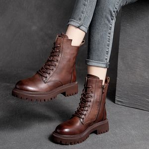 Bottes en cuir véritable chaussures femmes bottes Zip bout rond plat avec fait à la main concis loisirs couture plate-forme bottes 221114