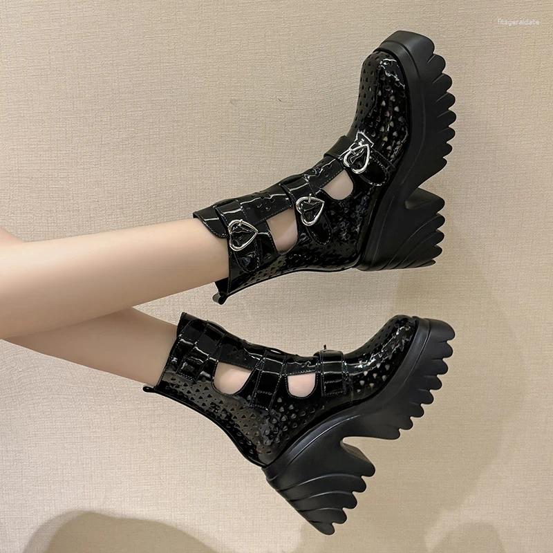 Boots Genuine Leather Square Toe Belt Buckle Hollow Out Women Thick Sole Platform Chunky Heels Fashion Sexy Street Ladies Shoes