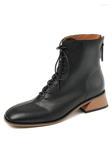 Botas de cuero genuino para mujer, tacón bajo, tobillo, primavera, otoño, punta cuadrada, Retro, marrón, negro, cremallera trasera con cordones