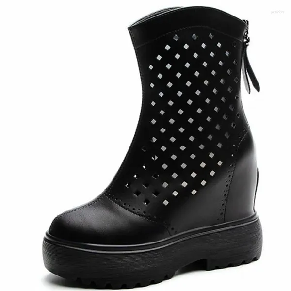 Botas de cuero genuino mujeres sandalias huecas de verano tobillo blanco negro malla de aire transpirable 11 cm tacón de plataforma grueso