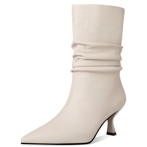 Bottes authentiques minces en cuir femmes femmes hautes talon pointu pointu plissé d'automne mid veau élégant dames qualité demi-chaussures Ladie shoe 453 botte