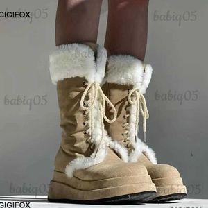 Bottes GIGIFOX plate-forme bottes de neige pour femmes fourrure Goth mode confortable mi-mollet bottes compensées décontracté hiver chaud chaussures à lacets Y2k T231121
