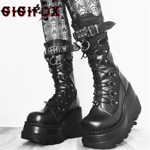 Boots Gigifox Vente d'hiver Punk Halloween Witch Cosplay Platform High Heels Talons Black Goth Boots Chunky Femme Chaussures Big Taille 43