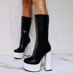 Bottes GIGIFOX Winter Sexy Party Black White Block High Heels Chunky Platform Chaussures Femme Grande Taille 43