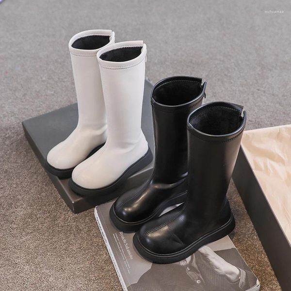 Botas para niña hasta la rodilla, zapatos de cuero negros de invierno para niños, zapatos de terciopelo para niños con cremallera lateral Cuhk