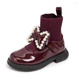 Bottes Fille Chaussette Chunky Gros Noeud Papillon Élégant Mignon Enfants Botte Courte En Cuir Verni Hiver 23-36 Mode Ship-on Enfants Chaussures