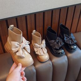 Boots Girl's Sock Chunky Big Bowtie Elegante schattige kinderen Korte Boot Patent Leather Herfst 26-36 Fashion Ship-on Kids Shoes 220919