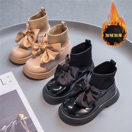 Boots Girl's Sock Chunky Big Bowtie Elegant Cute Children Short Boot Patent Leather Winter 26-36 Fashion Ship-on Kids Shoes 221007