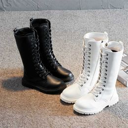 Bottes Bottes d'hiver pour filles, hauteur genou, à lacets, Style Punk, fermeture éclair, noir, blanc, 27-37, cuir Pu, chaussures élégantes assorties avec tout, L2401