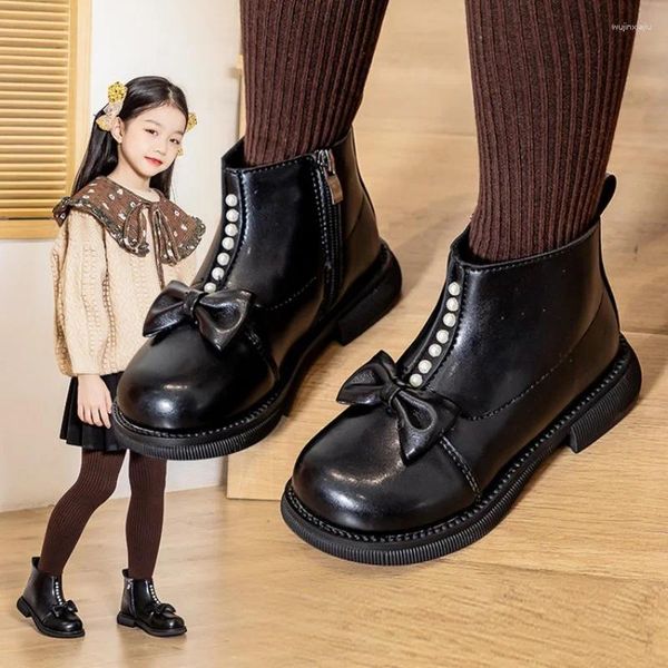 Botas Niñas Tobillo 2023 Moda de invierno Perla Mariposa-Nudo Zapatillas Princesa Antideslizante Niños Nieve Peluche Cálido