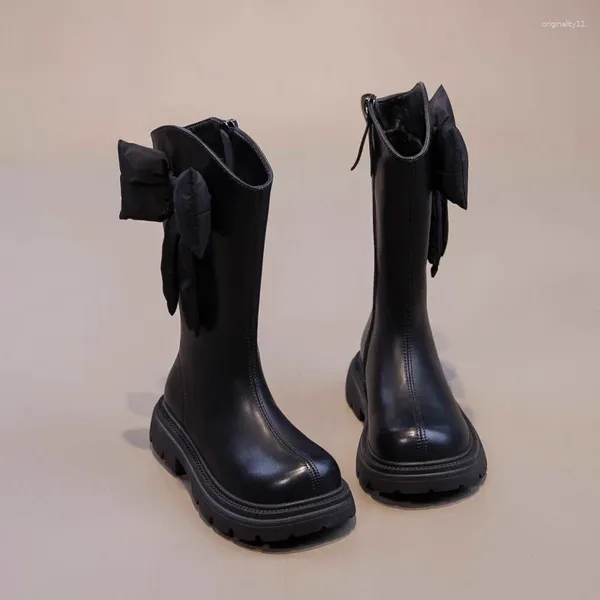 Boots Girls Black Bowknot Invierno 2024 zapatos de tubo alto para niños con lujosa Princesa Autumn de 4 a 15 años