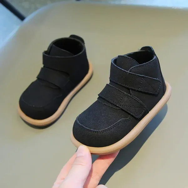 Botas Niñas Niños Algodón Invierno Cálido Felpa Niños Tobillo Negro Moda Corta Estilo Británico Niños Casual Hook Loop