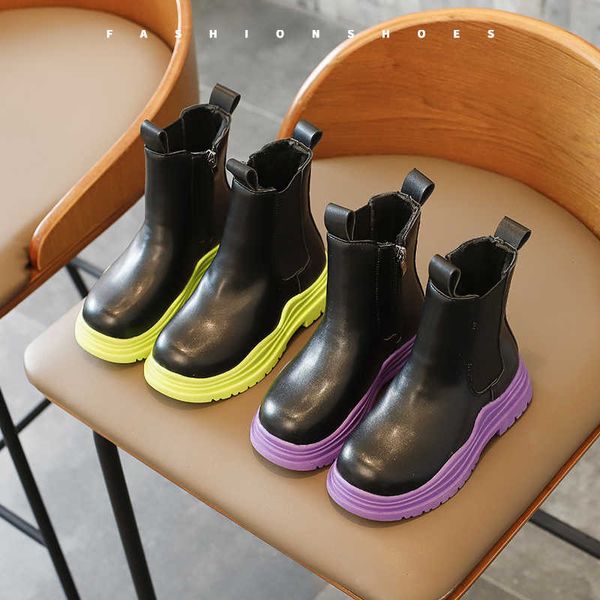 Bottes filles couleur bas marée 2022 automne nouveaux enfants Style britannique courts garçons bonbons à semelles épaisses chaussures en cuir chaud Y2210