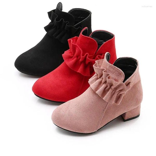 Botas Moda para niñas Cortas 2023 Otoño / Invierno Marca para niños Rosa Tacones altos Tobillo Princesa Zapatos Bebé Niños Felpa