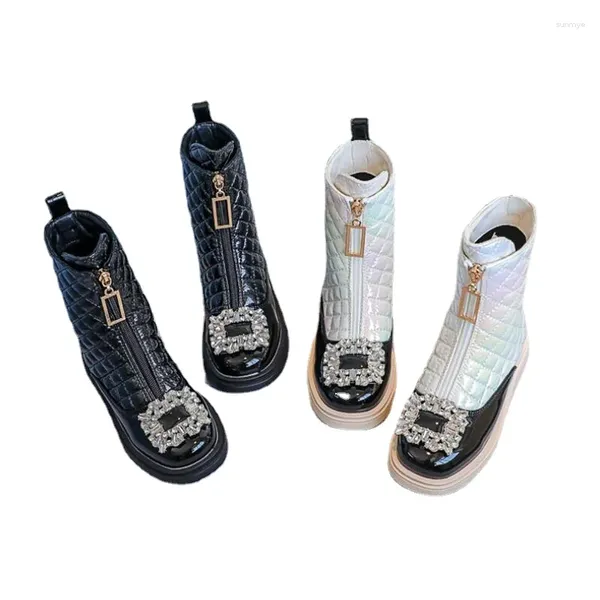 Bottes filles plates princesse enfants fermeture éclair avant cristal diamant noir blanc mode enfants doux pu velours 2024