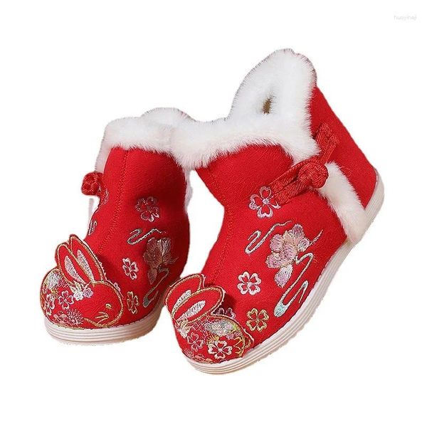 Bottes Hanfu pour filles, chaussures brodées de Style chinois en peluche, princesse en coton antique antidérapante pour enfants, automne et hiver