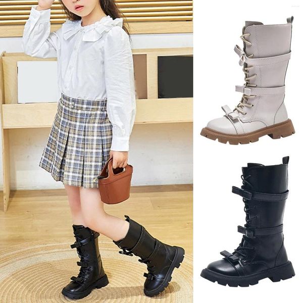 Bottes filles hautes hiver 2024 Style coréen Grande-Bretagne enfants longs pour passerelle Bow couleur unie enfants princesse chaussures Pu