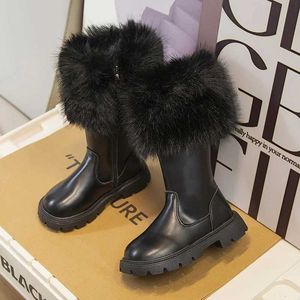 Boots Girls High Boots Plux Cotton Beige noir 2023 Nouveau automne / hiver Side Zipper Fashion Childrens Boots en cuir en peluche Mode chaude WX5.29