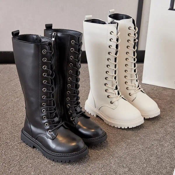 Botas niñas alta banda estrecha clásico simple negro niños moda cuero niños princesa pasarela zapatos 2023 otoño invierno