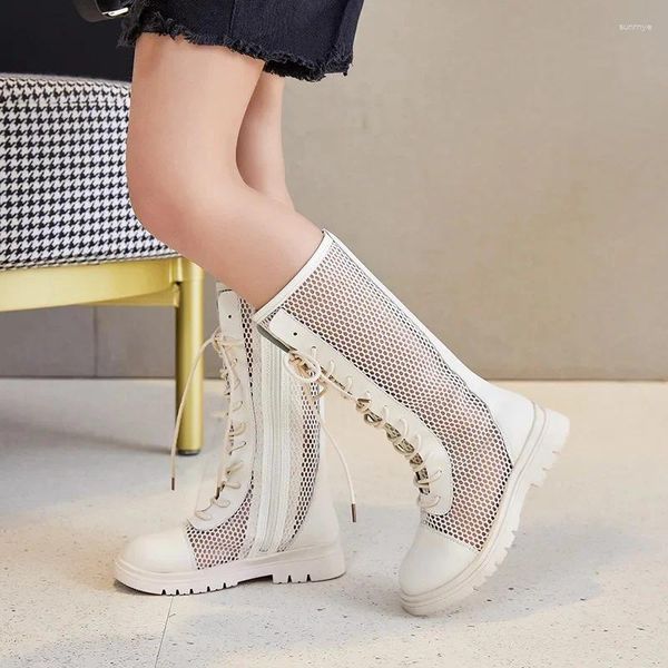 Botas Girls High Summer Hollow 2023 Moda para niños Europa y América Estilo Casual Transpirable Niños Cremallera trasera Color sólido PU