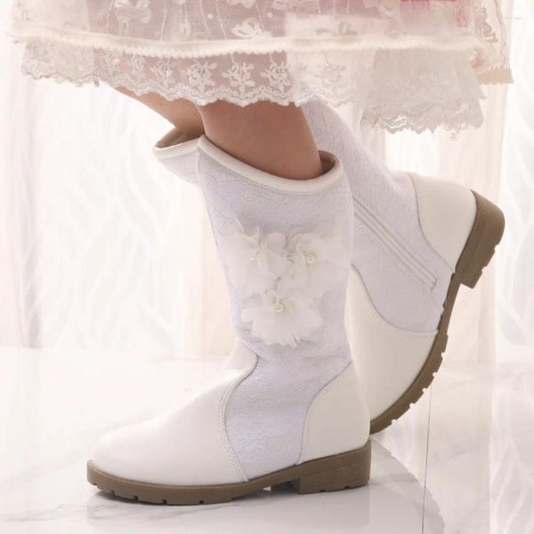Bottes filles dentelle princesse enfants fleur robe chaussures de haute qualité automne hiver mode mi-mollet en peluche chaud chaussons Size25-35