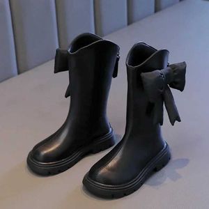 Boots Girls Boots Long Black Pu Leather Bow Courts et élégants Bottes d'hiver Chaussures pour enfants High Knee Toe