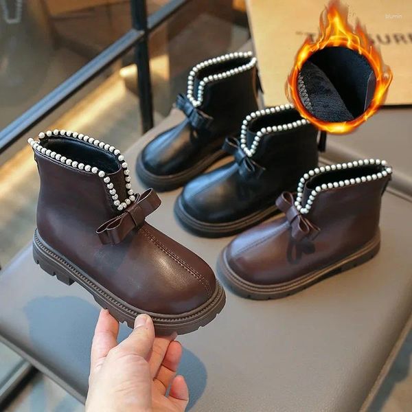 Bottes filles perles polyvalentes nœud doux mignon enfants mode noir marron PU enfants décontracté court Simple plate-forme antidérapante 2023